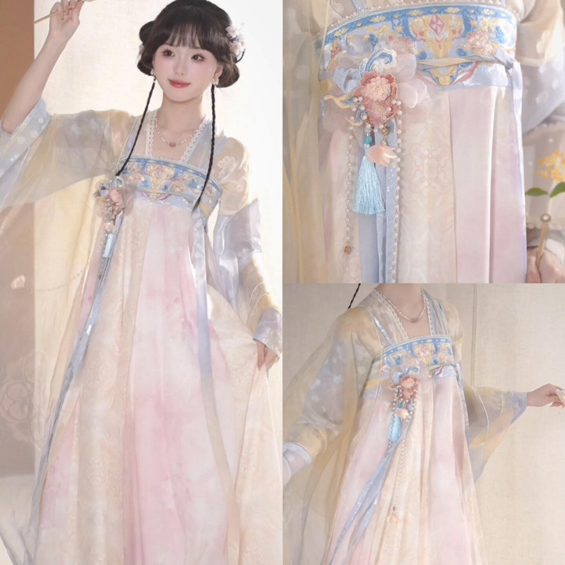 Han Shang Hualian [Sea Breeze Spring Day] Pink and Blue Hanfu Front-Opening Shirt with High-Waisted Skirt National Style Dress Set for Women Summer