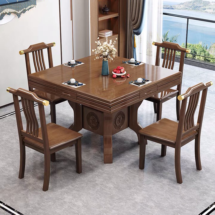 New Chinese-Style Solid Wood Dining Table and Chair Set, Foldable and Convertible to a Round Shape, Suitable for Small Households, Square Pure Dining Table for Eight People