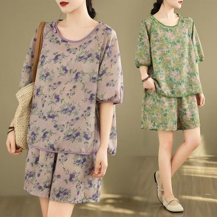 Middle-Aged Mother's Loose and Slimming Linen Suit 2025 Summer Hot-Selling Cotton and Linen Printed Shirt and Shorts Two-Piece Set for Women Middle-Aged Mother's Loose and Slimming Linen Suit 2025 Summer Hot-Selling Cotton and Linen Printed Shirt and Shorts Two-Piece Set for Women