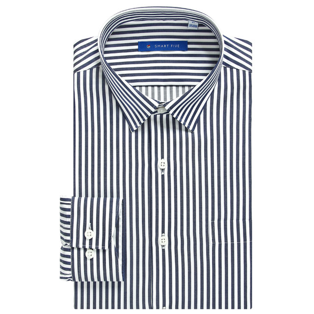 The fifth season no-ironing deep navy blue striped shirt men's long-sleeved business formal wear Korean version anti-wrinkle slim-fit shirt high-end sense