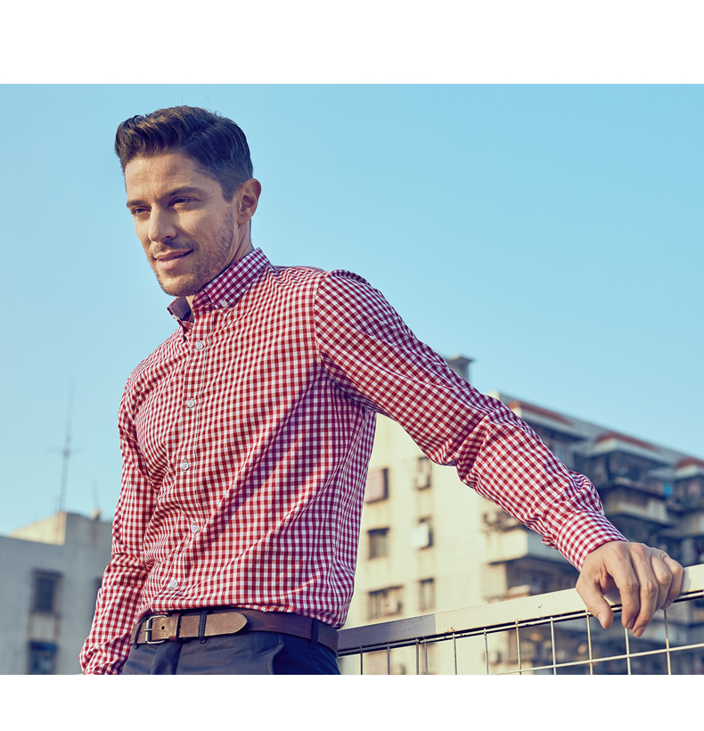 SmartFive Tương phản Slim Red Kẻ sọc Áo sơ mi nam dài tay Cotton Thời trang Thanh niên Mỹ Áo sơ mi giản dị sơ mi tay ngắn nam
