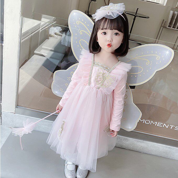 Girl Skirt 2022 Springtime Child Superfairy Genie Princess Acting Out The Baby Butterfly Wings Long Sleeve Foreign Dress