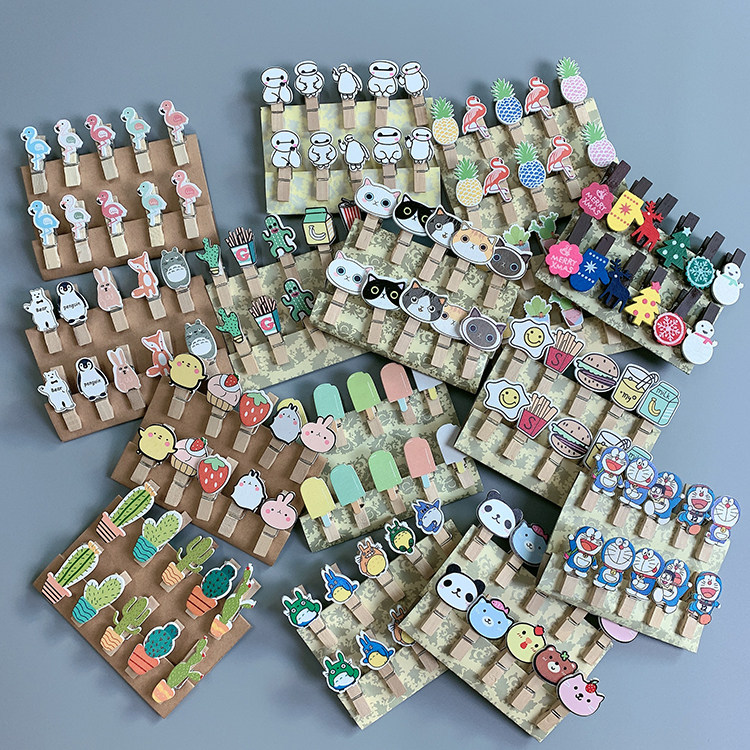 ins cartoon decoration small wooden clips photo entrainment with hemp rope room Dormitory Room Diy Photo Wall Clip