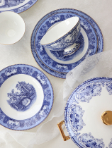 European style palace style blue and white gold series bone china tableware set home flat soup plate rice bowl soup pot fish plate