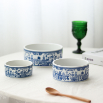 Outer single retro blue ceramic noodle bowl breakfast cereal bowl fruit salad bowl three-piece set Bowl storage Bowl