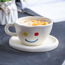 ins style creative handmade smiley face hipster ceramic coffee cup saucer Milk Breakfast Oatmeal cup saucer set simple