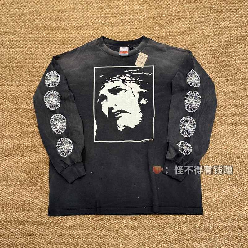 Saint Mxxxxxx New Style Portrait Crack Print Round Neck Long Sleeve Washed Vintage Loose Casual Long T-Shirt