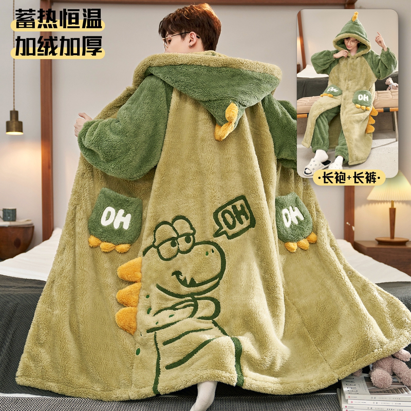 Thickened Autumn and Winter Warm Hooded Pajamas for Men, Coral Velvet Fleece-Lined, Loose Large Size 100kg Pajama Set That Can Be Worn Outside