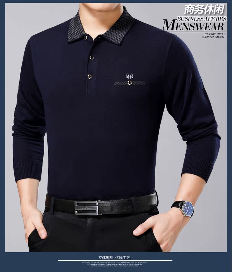 Bố Viễn Hương mặc áo thun nam dài tay ve áo trung niên len lỏng đan áo thun giản dị mùa thu áo phông unisex