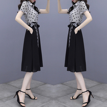 Black dress womens summer 2021 new waist thin gentle temperament polka dot shirt a chiffon skirt