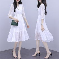 White dress womens summer dress 2021 new waist thin sweet temperament senior sense floral chiffon dress