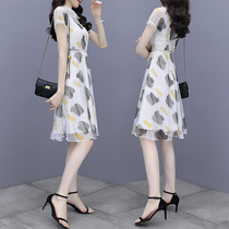 Mesh dress Women summer 2021 new waist thin gentle temperament doll collar White A- line dress