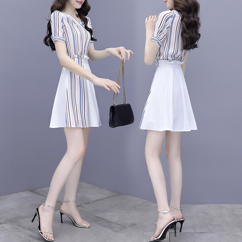 Chiffon dress 2022 summer new temperament waist slimming cover belly fashion Western style two-piece suit skirt