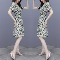 Summer dress 2021 New High feel dress women waist thin elegant temperament green print shirt skirt