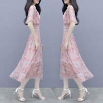 Floral dress womens summer 2021 spring new French waist thin celebrity temperament printed chiffon dress