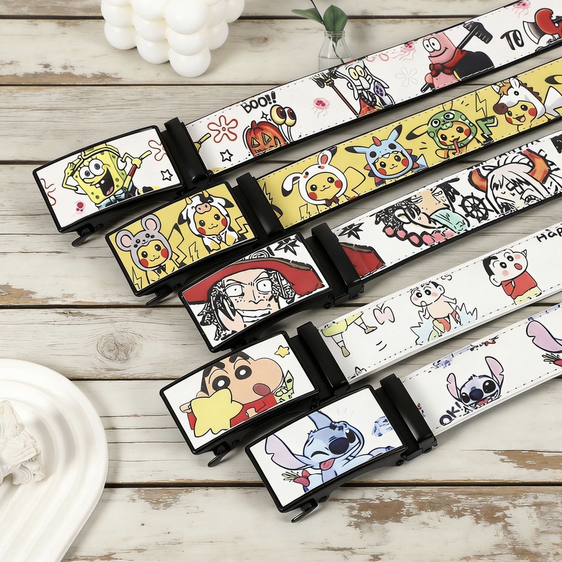 New Automatic Buckle Belt for Men and Women, Student Cartoon Print Belt, Teenagers' No-Punch Casual Jeans Trendy Belt New Automatic Buckle Belt for Men and Women, Student Cartoon Print Belt, Teenagers' No-Punch Casual Jeans Trendy Belt