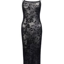 Pattern flocking mesh slit dress sexy see-through bottom