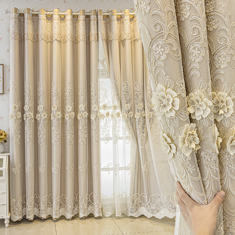 Full Blackout Curtains, Finished Double-Layer with Sheer, Cream-Colored Bedroom Curtains, New Style for Living Room, Embossed Embroidery, Luxurious and Elegant Curtains