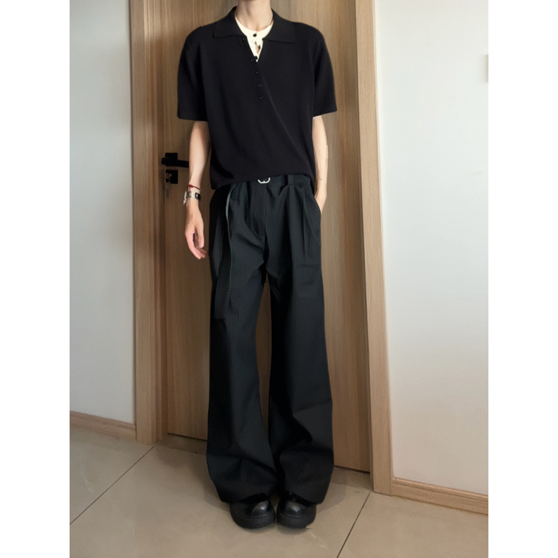 Tancchui American-Style Tie-Striped Dress Pants with Double-Sided Belt A-Line Casual Pants Straight-Leg Trousers