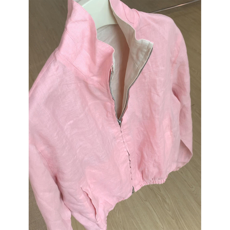 Huxiazi Recommends! Pink Double-Sided Reversible Linen Jacket for Women, Early Autumn 2026, Stand Collar Sports Short Jacket
