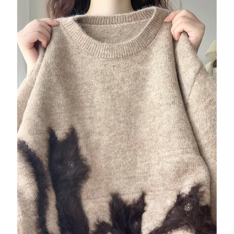 Huxiazi Recommends! so Healing! Korean-Style Fashionable Coffee-Colored Alpaca Wool Cartoon 3D Cat Knit Sweater Huxiazi Recommends! so Healing! Korean-Style Fashionable Coffee-Colored Alpaca Wool Cartoon 3D Cat Knit Sweater