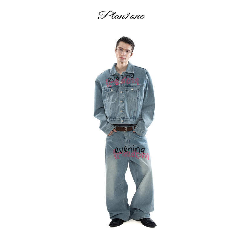 Plan1One Original Heavy-Duty Fun Letter Graffiti Distressed Denim Set Wasteland Style Loose Wide-Leg Jeans Plan1One Original Heavy-Duty Fun Letter Graffiti Distressed Denim Set Wasteland Style Loose Wide-Leg Jeans