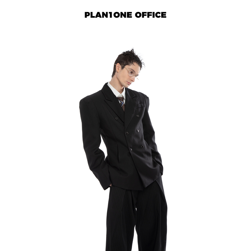 Plan1One French-Style Old Money New Rich Waist-Cinching Multi-Breasted Shoulder-Padded Suit, High-End Tailored Structured Wide-Shoulder Suit, Trendy