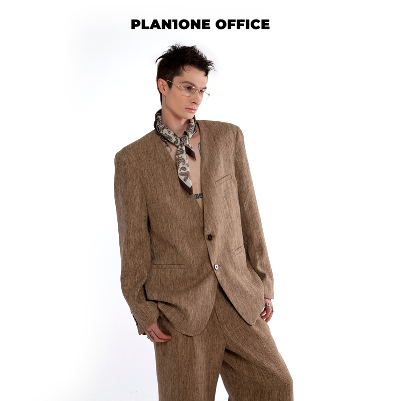 Plan1One Old Money New Rich High-End Light Luxury Collarless Suit Set Linen Hand-Woven Blazer Trendy