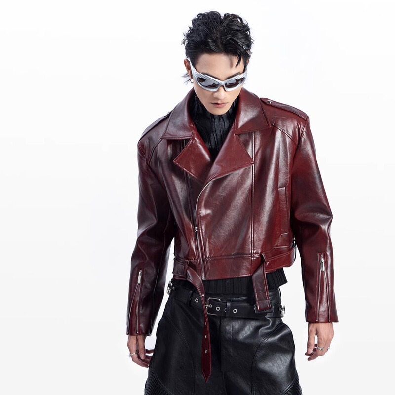 Plan1One24Ss Heavy-Duty Vintage Distressed Leather Lapel Long-Sleeve Stylish Leather Jacket Short Loose Silhouette Jacket