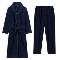 Женский халат темно-синего цвета в полоску с лацканами + пижамные штаны