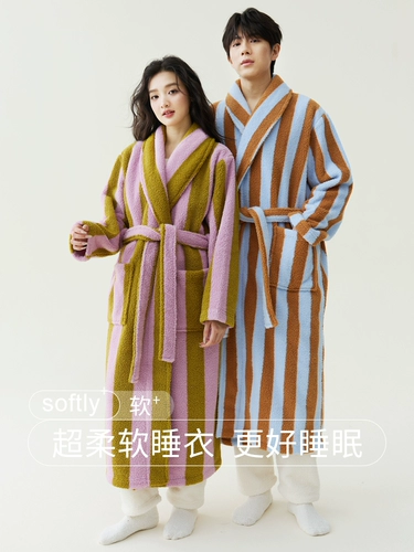 Демисезонный коралловый банный халат, бархатная антистатическая длинная зимняя пижама для влюбленных, увеличенная толщина