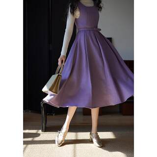 Ching's 复古梨形身材显瘦腰带收腰拼接A字花呢背带裙 保暖连衣裙