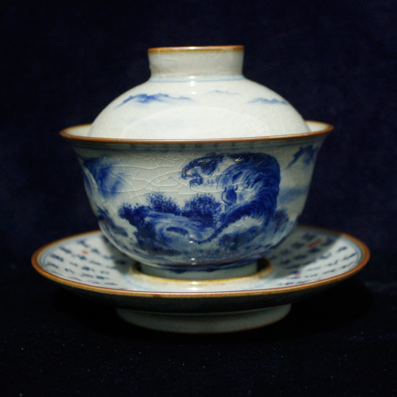 Jingdezhen factory goods ceramic ware hand painted green flower Fuhu to greet spring tiger with wind and tiger raw Venus to cover a bowl of tea cup