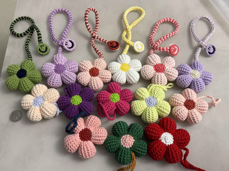 Finished Handmade Crochet Afghan Cute Flower Pendant Cotton Yarn Decoration ins Keychain Bag Pendant