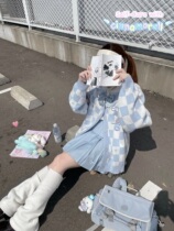 Jade Gui Dog sweater womens spring jk uniform Chessboard Grid Jacket Cardiovert original College Wind Blue Knit Cardiovert Blouse
