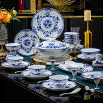 Blue and white exquisite tableware set Jingdezhen Chinese high-end light luxury retro tall bowl as a housewarming gift