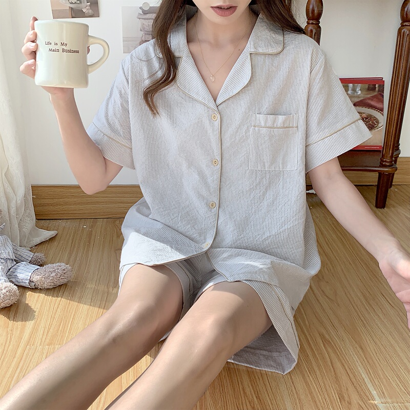 Summer Pajamas for Women ins Pure Color Pure Cotton Thin Simple Casual Stripesd Short-Sleeved Student Home Wear Two-Piece Set Summer Pajamas for Women ins Pure Color Pure Cotton Thin Simple Casual Stripesd Short-Sleeved Student Home Wear Two-Piece Set