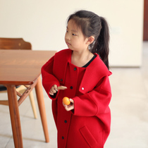 Male and female children Double face cashmere big coat 2021 autumn winter dress baby Han version loose with a long fur coat
