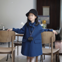 Deep sea blue double-sided fleece wool coat girls 2022 autumn and winter Korean style mid-length baby foreign style woolen coat