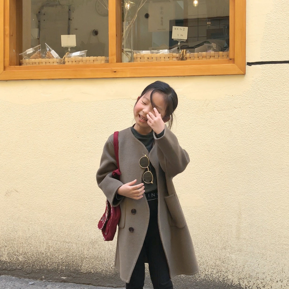 Girl's double face cashmere big coat 2021 autumn and winter Korean children's clothing designer foreign pie baby full wool Wool Coat