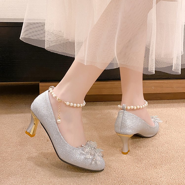 Silver High Heels for Women, Crystal Stiletto Mid-Heel, 5cm Rhinestone Bridesmaid Dress, Round Toe, Versatile, Large Size, Banquet