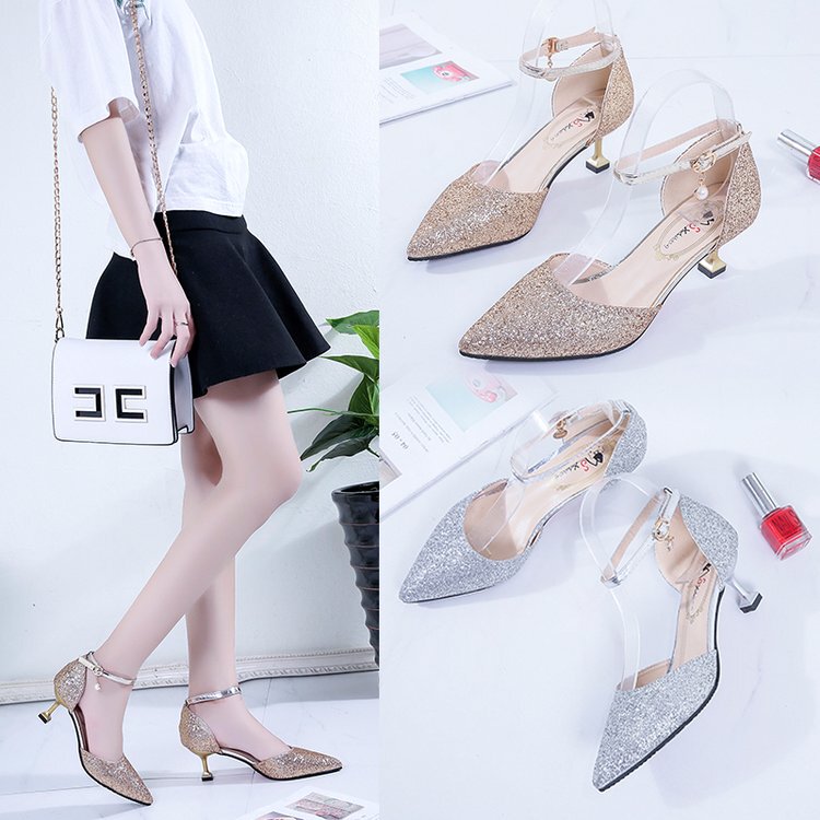 Bridesmaid High Heels Women's Silver Autumn Mid-Heel 5-7cm Ankle Strap Kitten Heel Dress Shoes Sequin Annual Meeting Evening Party