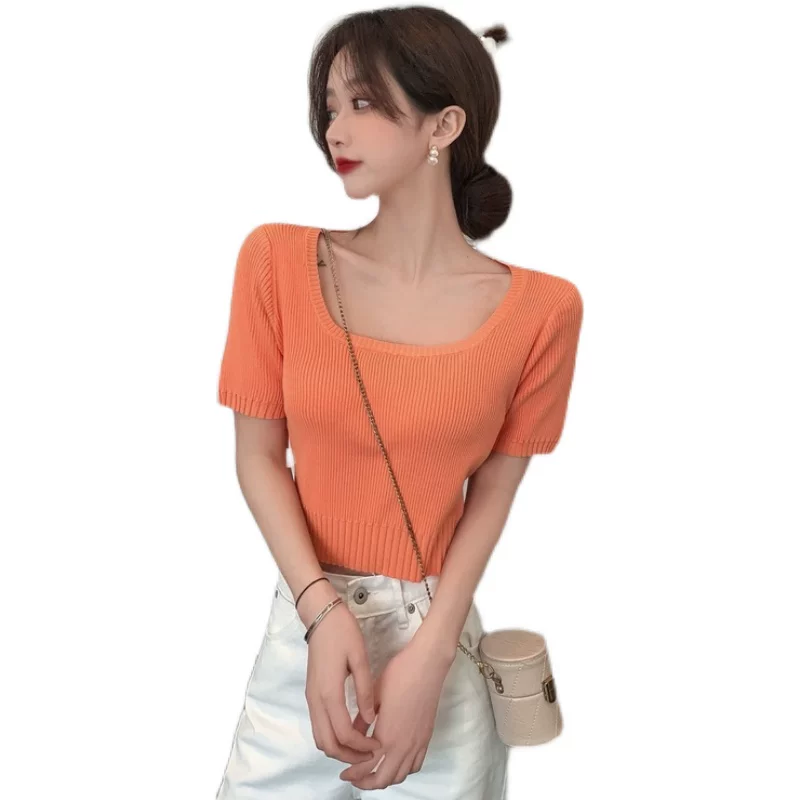 Прилив, летняя дизайнерская одежда, knitted short sleeve T-shirt, коллекция 2021 года, тренд сезона, квадратная горловина, высокая талия, с коротким рукавом