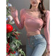 Early autumn pure desire sweet hot girl pink tie long-sleeved T-shirt women's front shoulder sexy irregular waistless chic small top