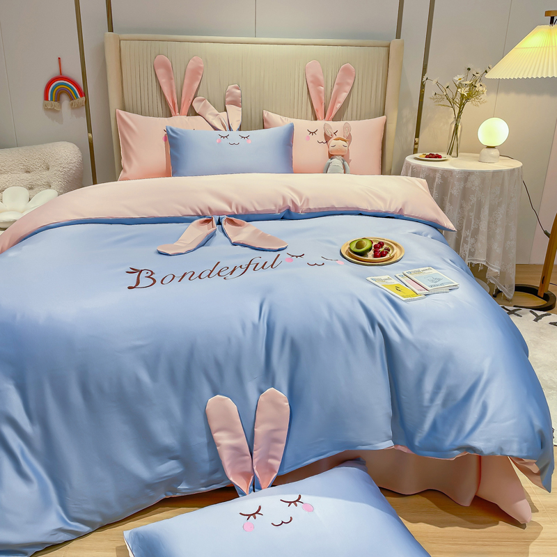 Washed ice silk rabbit ears four-piece summer silk naked sleeping sheets cute girly heart summer cool quilt princess style