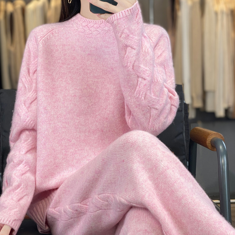 Autumn and Winter Fashion 100% Wool Suit for Women, Round Neck, Lazy Style, Loose Knitted Sweater Two-Piece Set, Cashmere Wide-Leg Pants