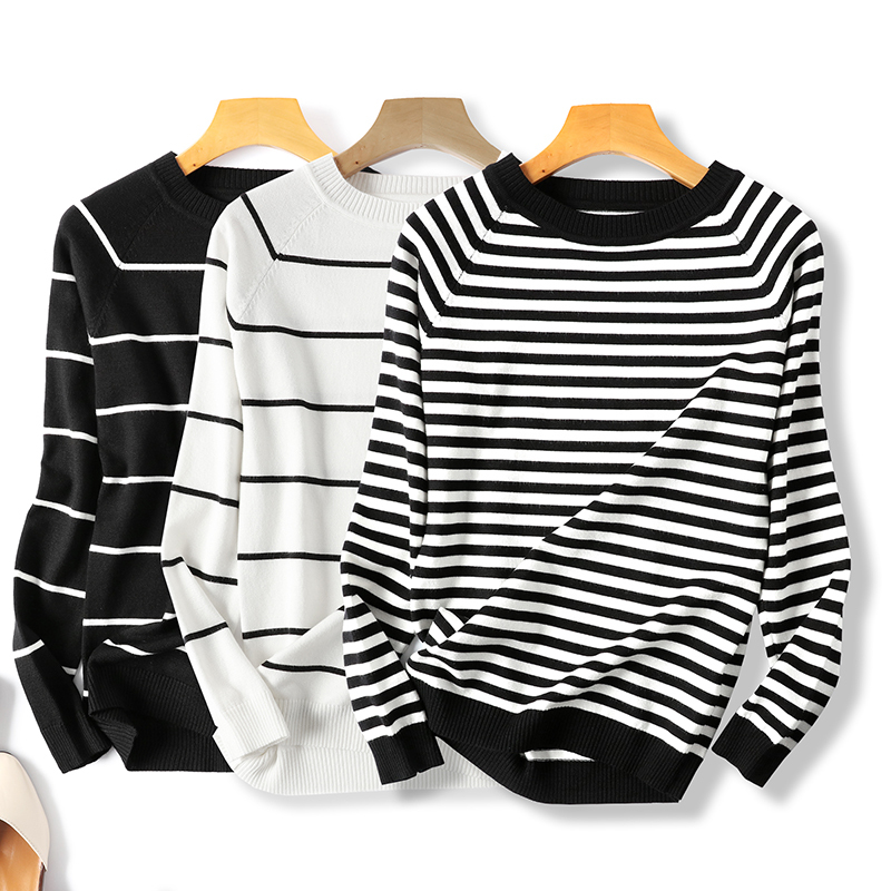 New Long-Sleeved T-Shirt for Women, Thin Base Layer ins Super Popular Pure Cotton Casual Top, Autumn Sweater, Striped Knitwear