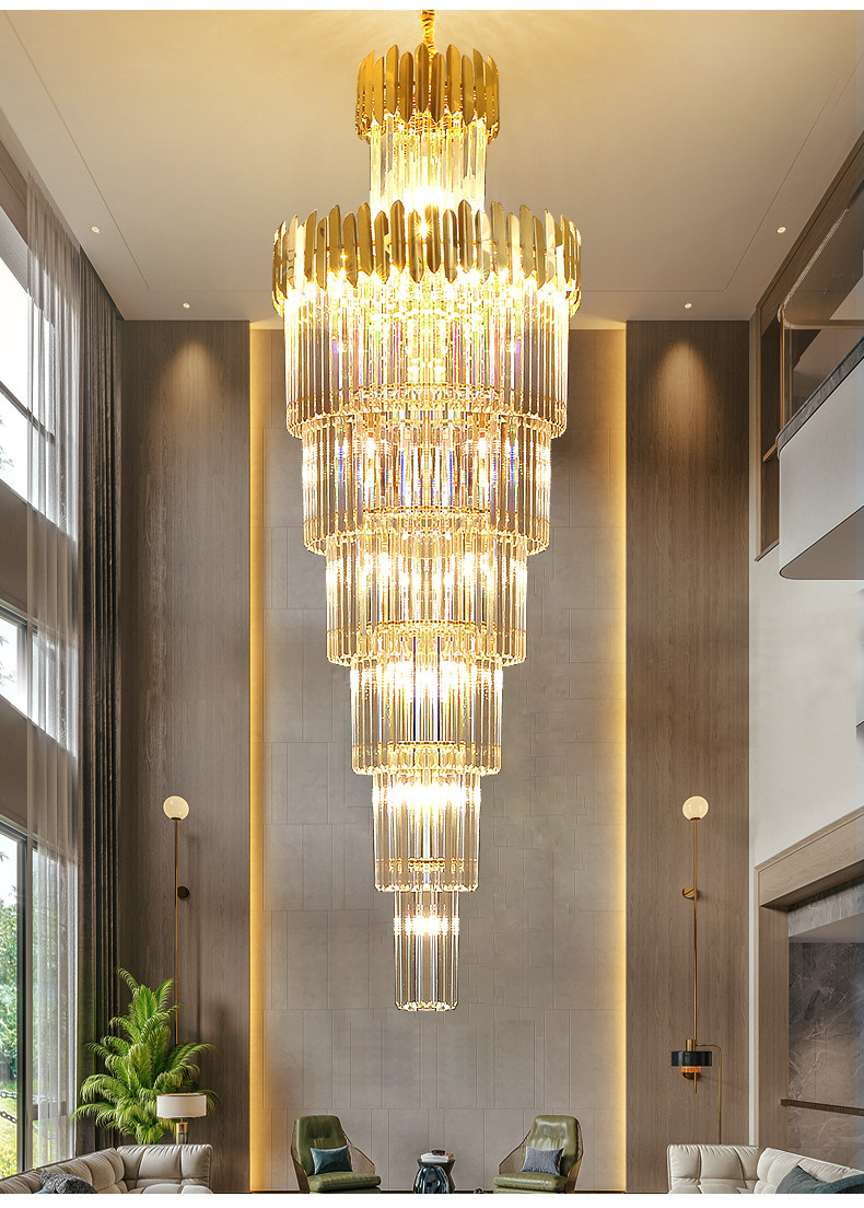楼梯灯长吊灯欧式别墅复式楼客厅大吊灯现代中空金色轻奢水晶灯具-阿里巴巴