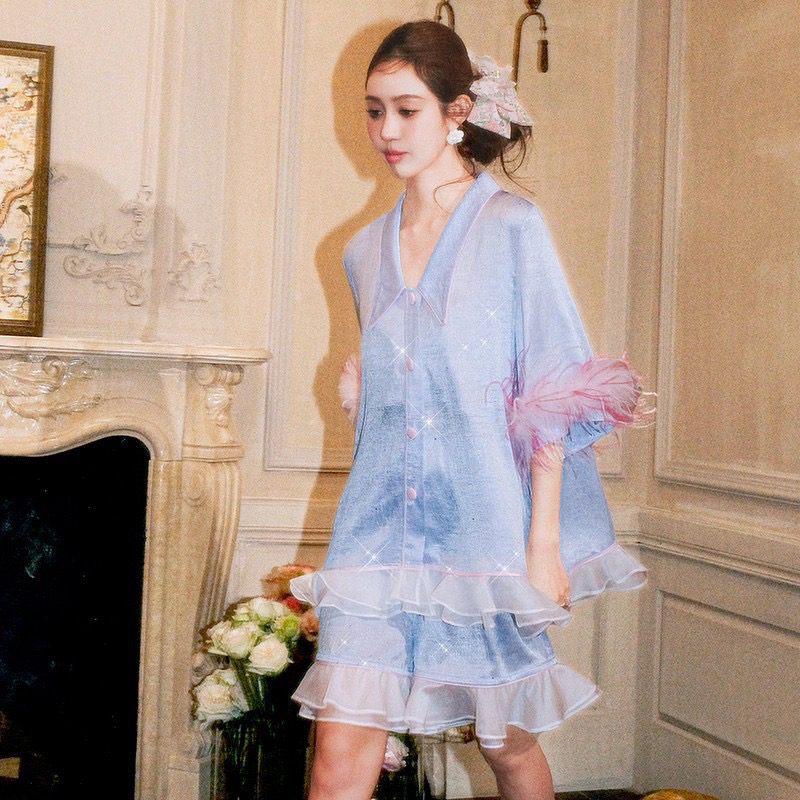 Gradient Ostrich Feather Detachable Breast Pad Pajamas Women's Two-Piece Set Imitation Silk Ice Silk Home Wear Satin Suit Summer