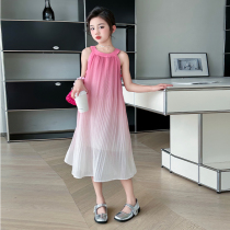 Girls Summer Suspender Skirt Childrens Korean Style Thin Sleeveless Gradient Color Long Skirt Middle and Large Childrens Beach Dress